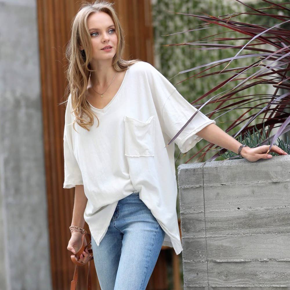 White Oversized Front pocket raw edge tee