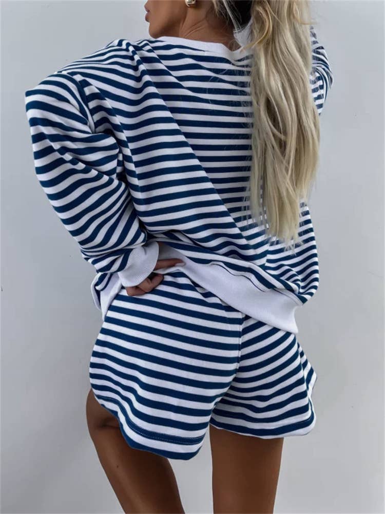 Blue Casual Striped V-Neck Top Track Shorts Set