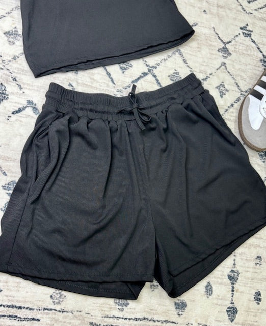 Black Ribbed Crop Tank Top & Shorts Set