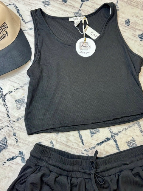 Black Ribbed Crop Tank Top & Shorts Set