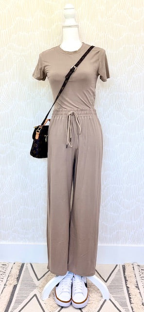 Taupe Relaxed Fit Top and Wide-Leg Pants Set