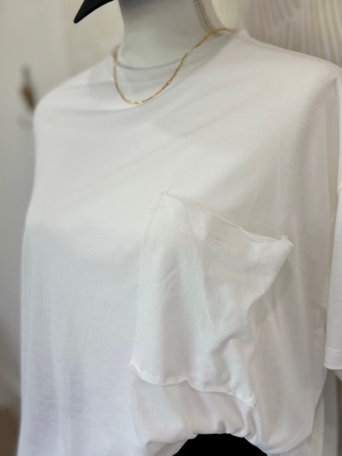White Oversized Front pocket raw edge tee