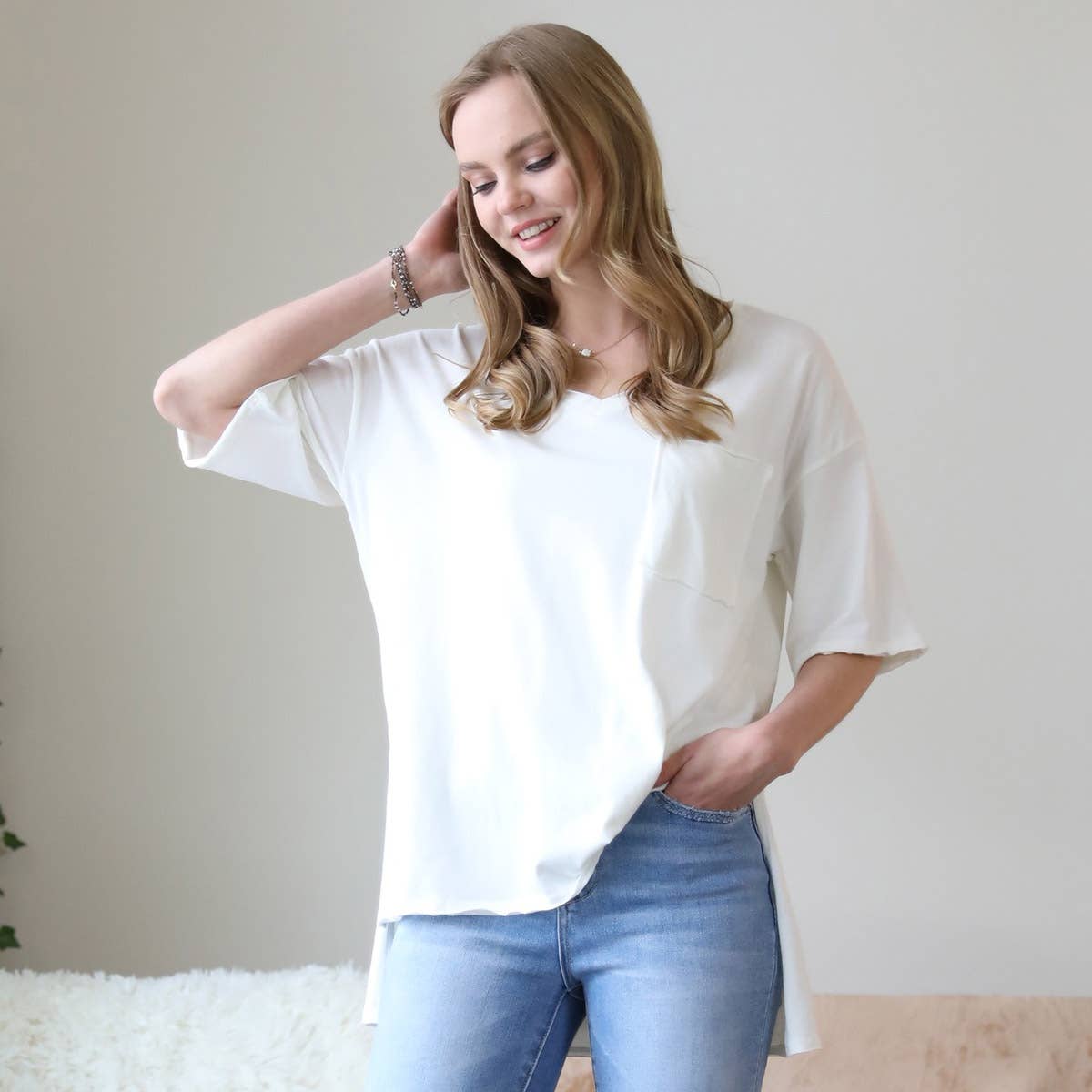 White Oversized Front pocket raw edge tee