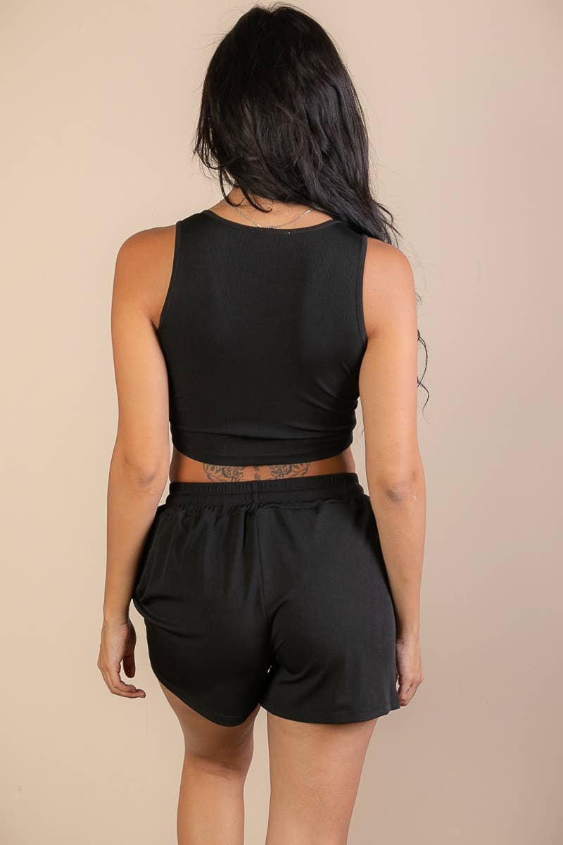 Black Ribbed Crop Tank Top & Shorts Set