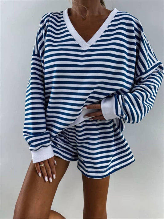 Blue Casual Striped V-Neck Top Track Shorts Set