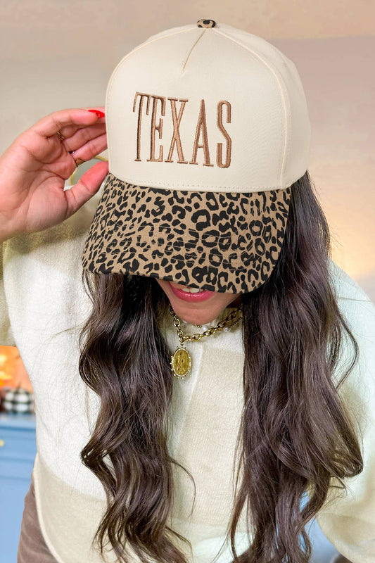 TEXAS Embroidered Leopard Contrast Baseball Cap: Camel / ONE SIZE