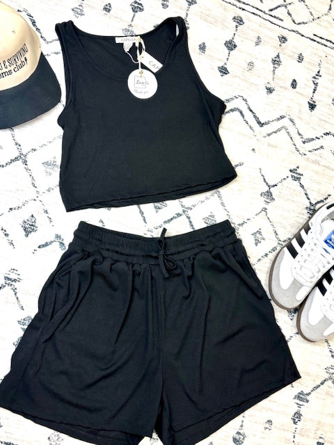 Black Ribbed Crop Tank Top & Shorts Set