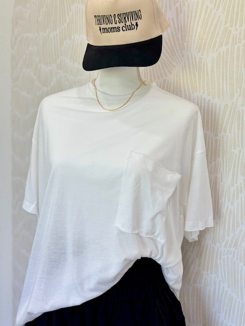 White Oversized Front pocket raw edge tee