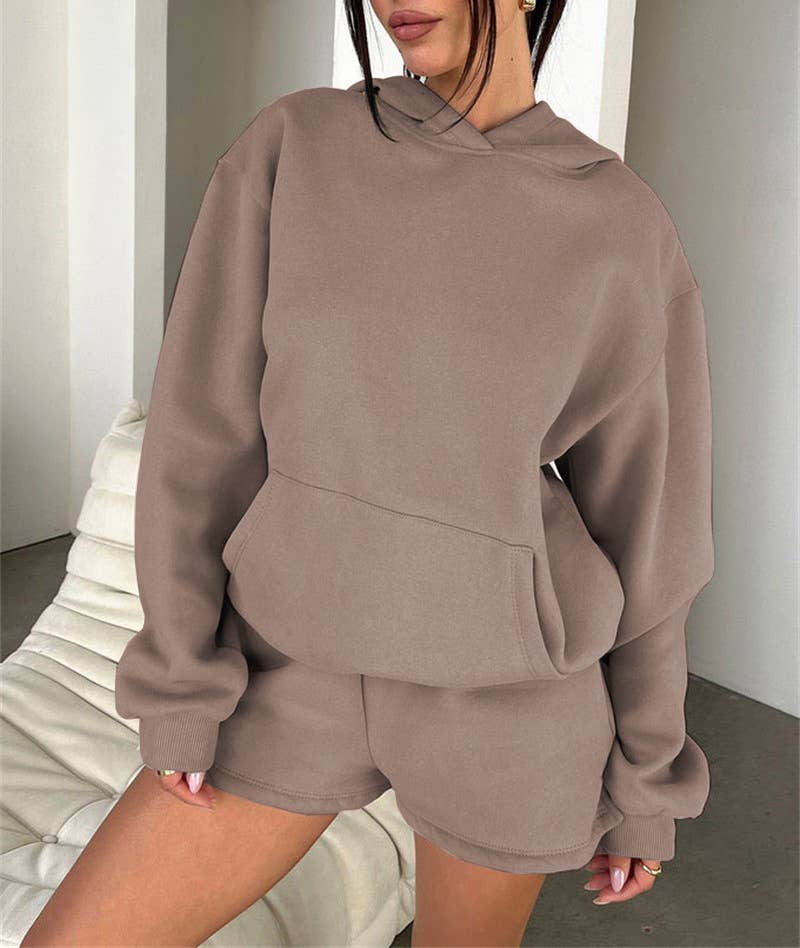 Khaki Pocket hoodie &  Drawstring short set outfit