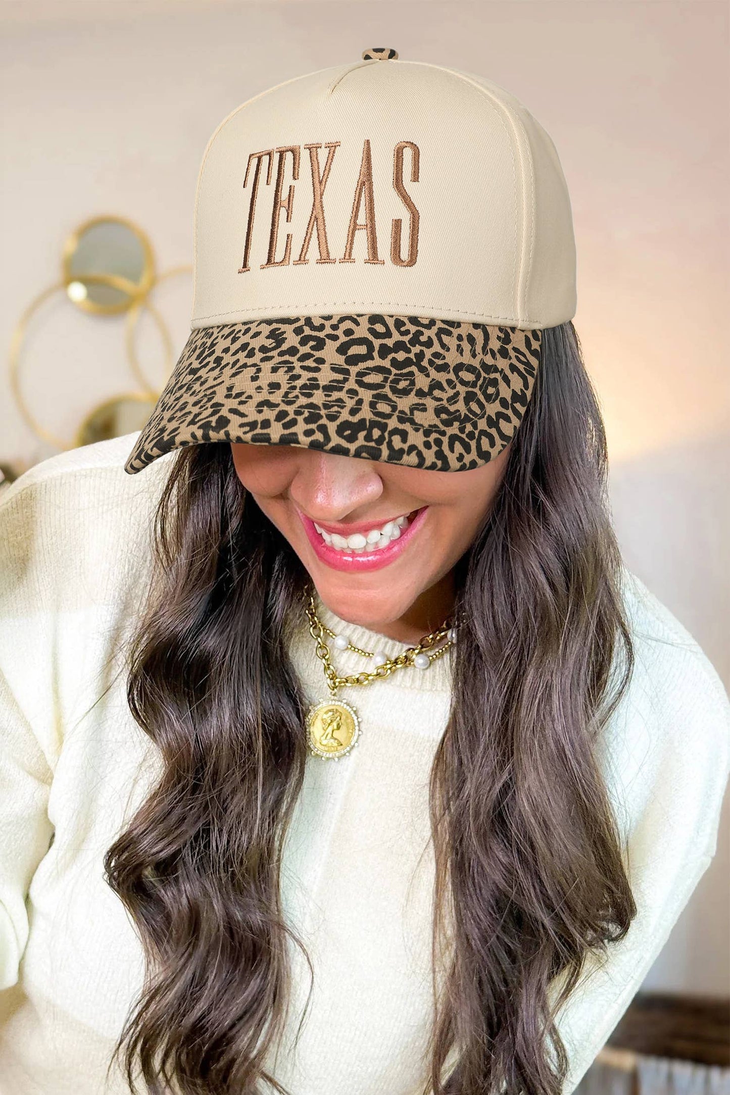 TEXAS Embroidered Leopard Contrast Baseball Cap: Camel / ONE SIZE