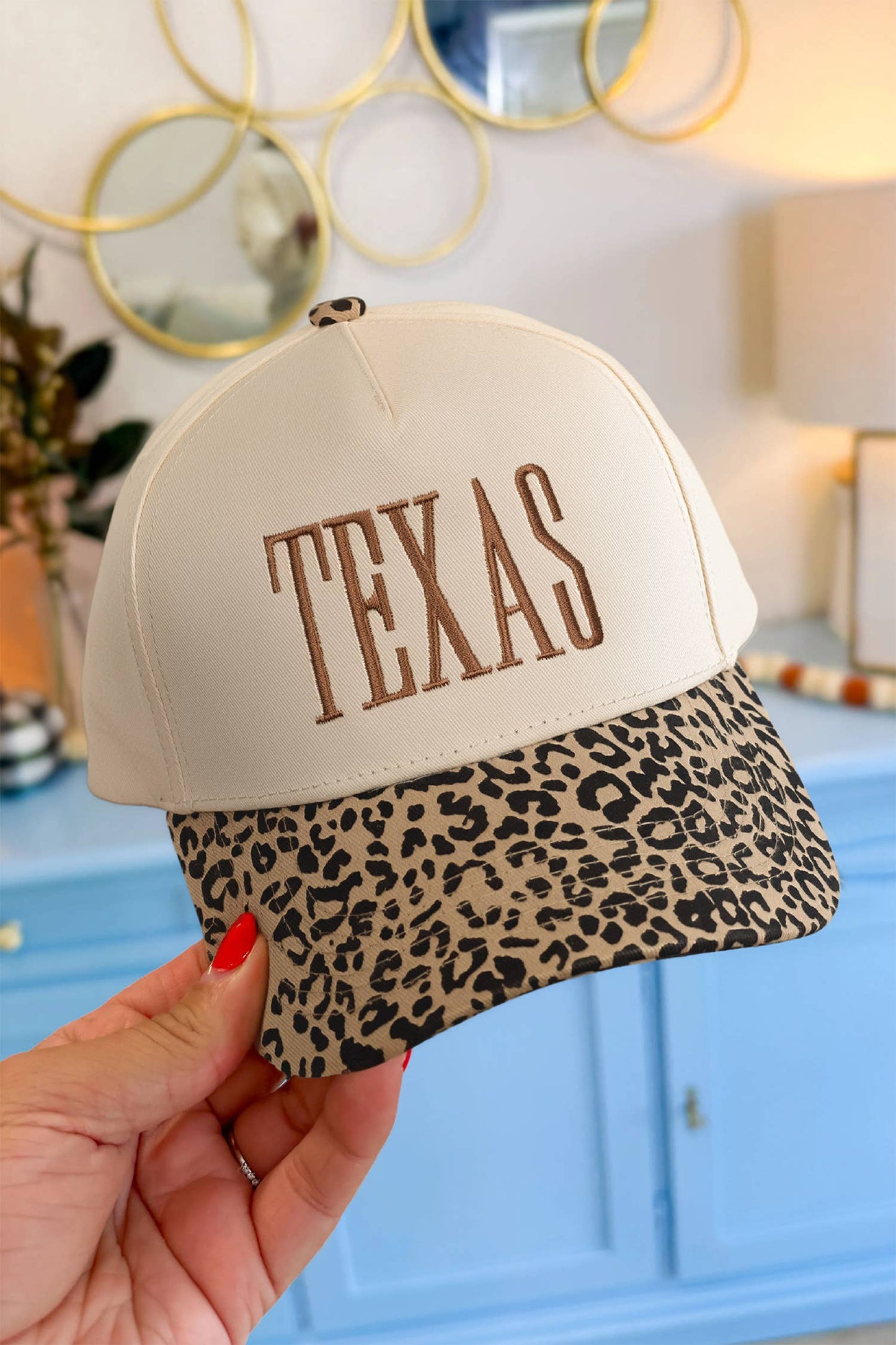 TEXAS Embroidered Leopard Contrast Baseball Cap: Camel / ONE SIZE
