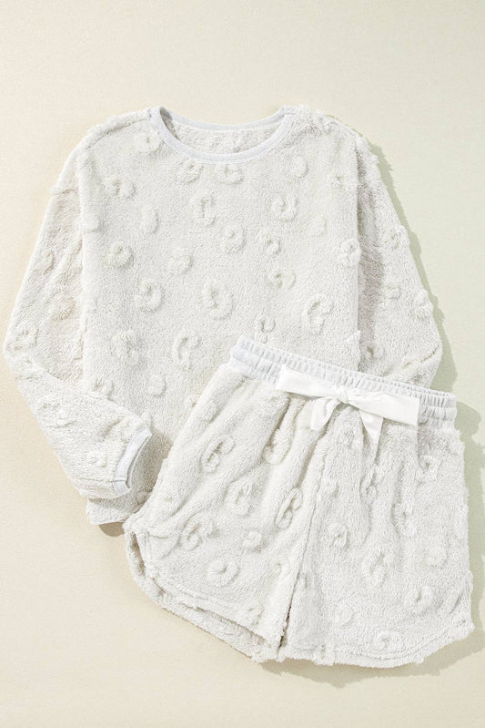 Leopard Textured Fleece Top and Shorts Set: Light Grey