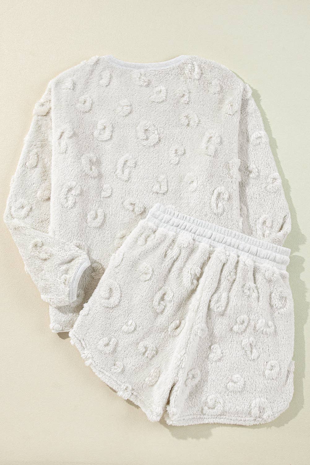Leopard Textured Fleece Top and Shorts Set: Light Grey